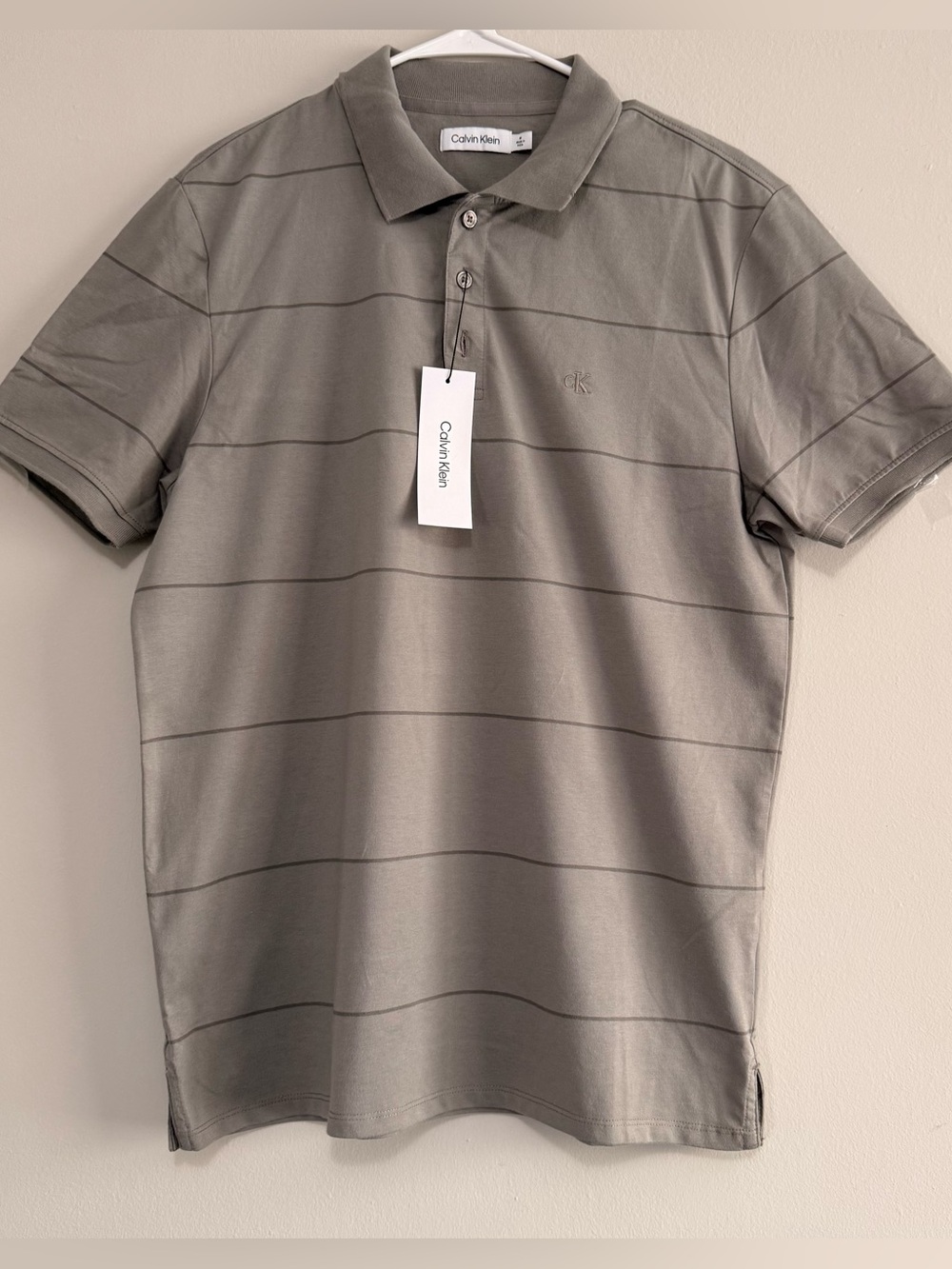 Calvin Klein Mens Striped Logo Polo Shirt Gray Size Medium Short Sleeve NEW